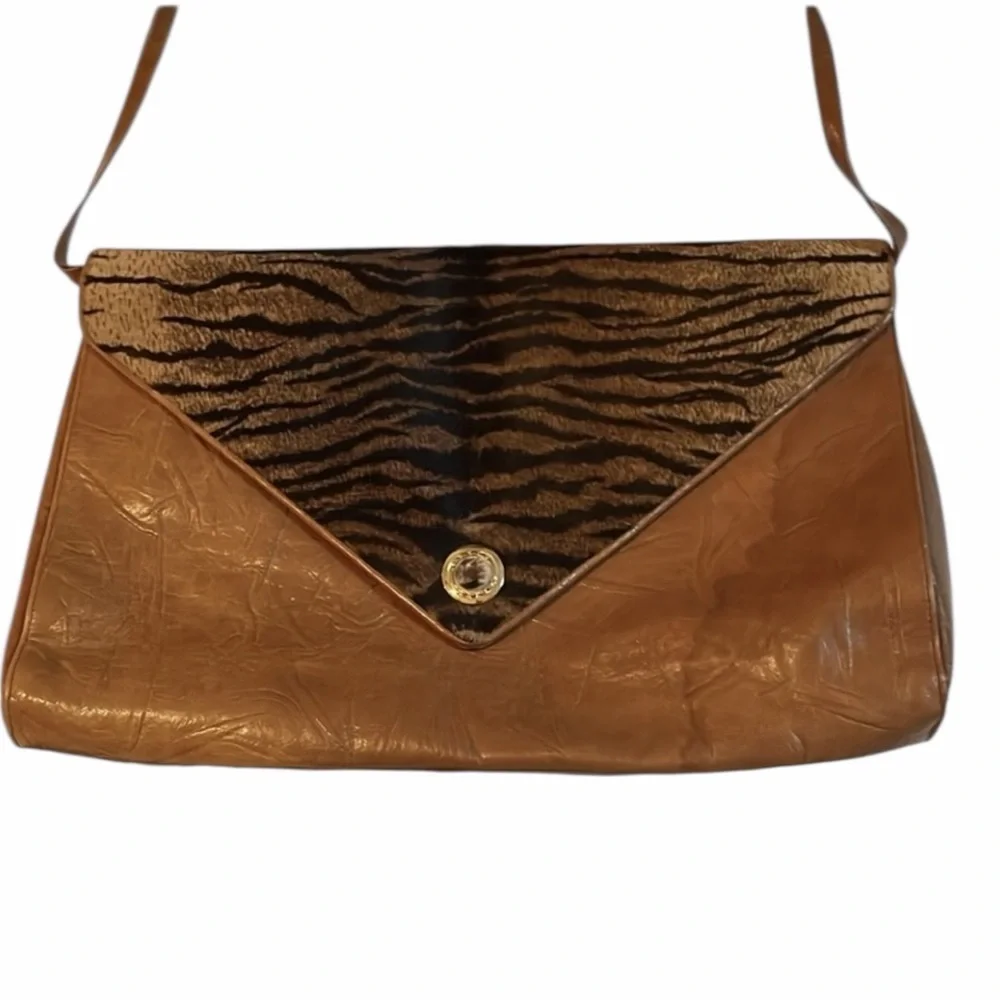 Gabriella cognac Brown leather animal print envelope crossbody bag communter bag